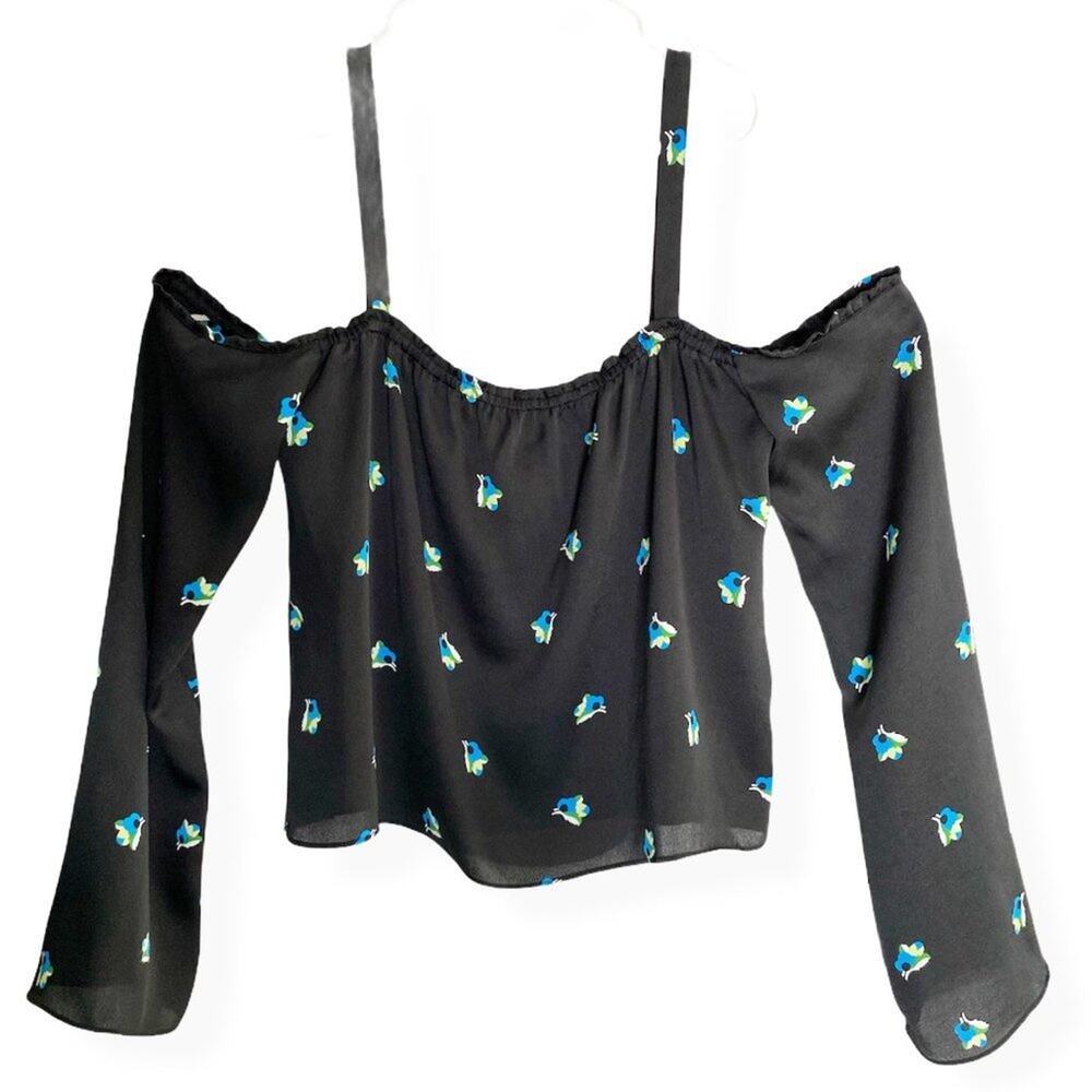 URBAN OUTFITTERS / Black Blue Bird Print Cold Shoulder Crop Tank Size Medium